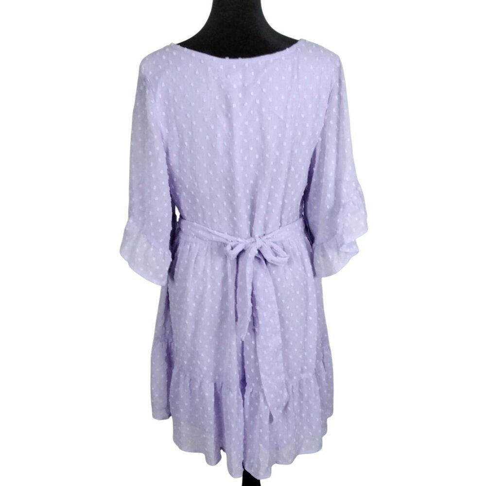 Missky Womens Size S Lavender Swiss Dot V-Neck Dress Ruffle Sleeves & Tie Waist - Picture 2 of 6